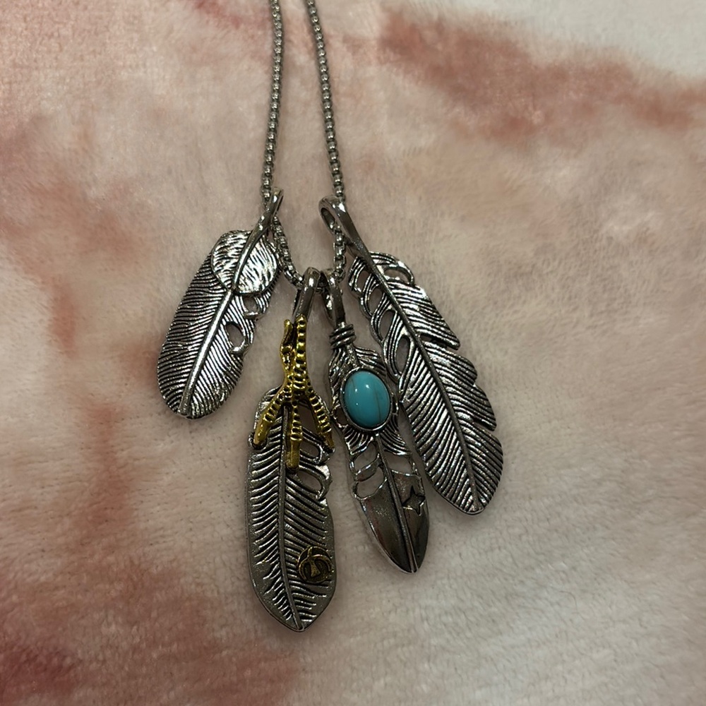 Silver Feather 4 Charm Pendant Necklace with Faux Turquoise and Gold Accents NWT - Picture 15 of 15